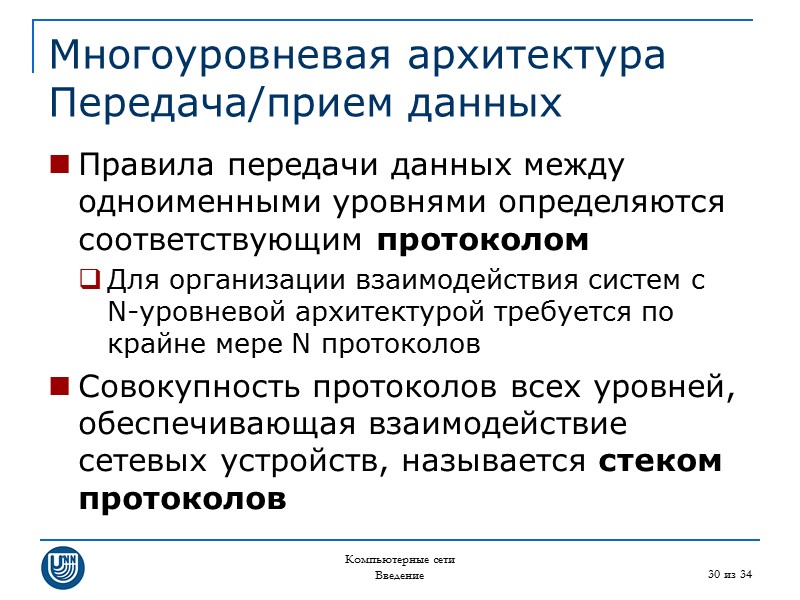 Компьютерные сети Введение 30 из 34 Многоуровневая архитектура Передача/прием данных Правила передачи данных между